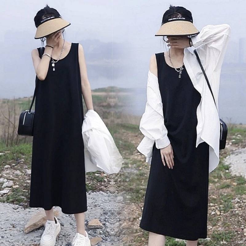 Loose Mid-Length Vest Dress Suit for Women Summer New Holiday Style Sun Protection Shirt with Suspender Skirt
