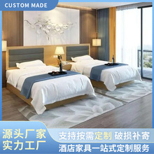快捷連鎖酒店板式床 現代中式低箱實木床 軟包實木多層板式床批發