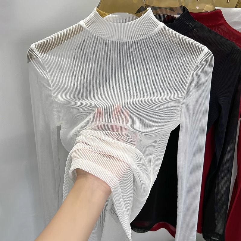 Half Turtleneck Mesh Bottoming Shirt for Women, Transparent Gauze Inner Layer with Long Sleeves, See-Through White Tight-Fitting Thin t Lace Top Half Turtleneck Mesh Bottoming Shirt for Women, Transparent Gauze Inner Layer with Long Sleeves, See-Through White Tight-Fitting Thin t Lace Top