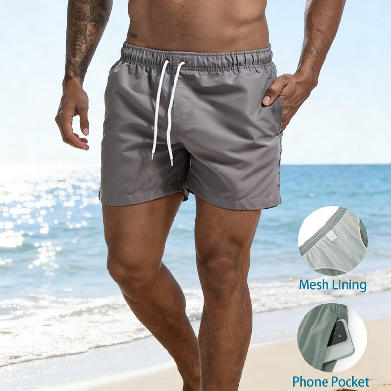 Cross-border men's quick-dry beach shorts, solid color sports shorts with phone pocket, swim trunks with double-layer inner mesh and multiple pockets