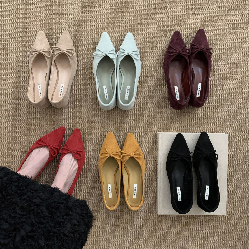 French-Style Suede Pointed-Toe Hidden Heel Commuter Shoes for Women, 2025 New Autumn Bowknot Shallow Work Shoes