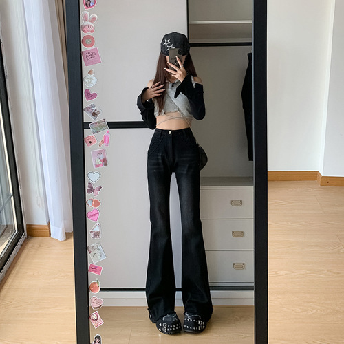 Women's 2024 New Model High-Waist Slimming Hot Girl Long Black Fringe Bell Bottom Floor-Length Pants for Versatile Matching