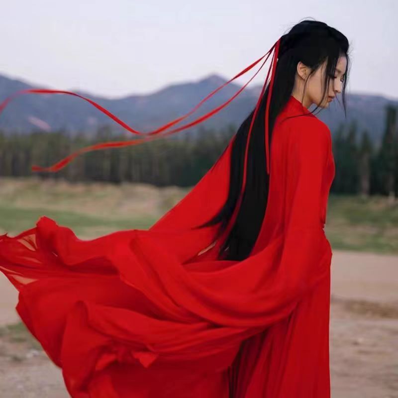 Wei Jin antique Hanfu female Chinese classical style martial arts costume super fairy elegant dance performance set red style