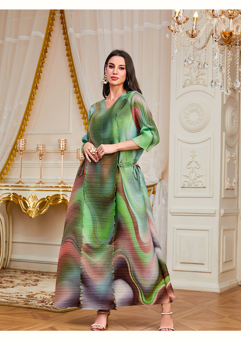 Middle Eastern Muslim Women's Clothing Foreign Trade: Saudi Arabia Dubai Printed Long Robe Abaya With Waist-Cinching_ecoleips.com