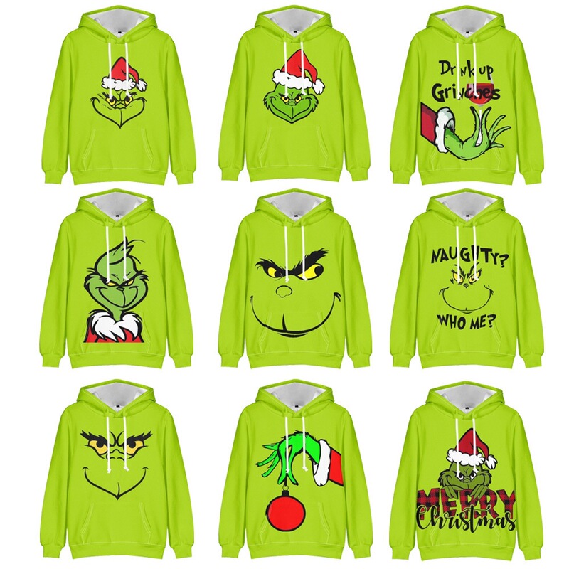 Cross-Border Short-Sleeved New European and American Style Christmas Green Fur 3D Digital Print Hooded Sweatshirt Grinch Hoodie Factory Cross-Border Short-Sleeved New European and American Style Christmas Green Fur 3D Digital Print Hooded Sweatshirt Grinch Hoodie Factory