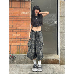 アメリカンレトロ迷彩ワイドレッグジーンズ、男性と女性用、夏のファッション、多用途、ハイウエスト、ルーズストレートワークウェア、クロップドパンツ