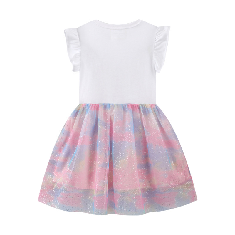 Vestido infantil 2025 Primavera/Verano Nuevo vestido de encaje para niñas, estilo europeo y americano, manga corta, vestido de gasa suave, al por mayor.