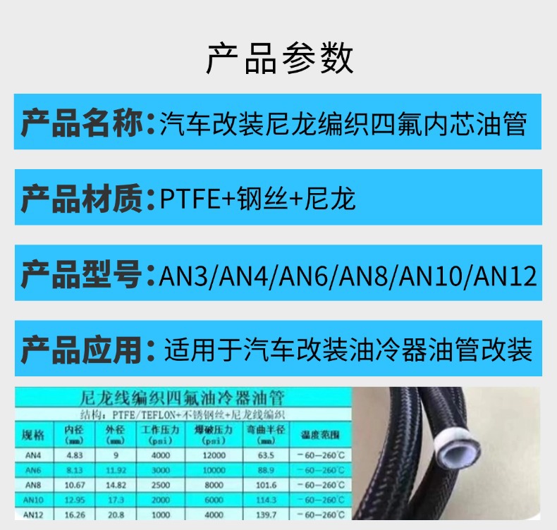 Car Modification Ptfe Stainless Steel Wire Braided Oil Cooler Ptfe Oil Pipe Polytetrafluoroethylene Pipe Teflon Hose