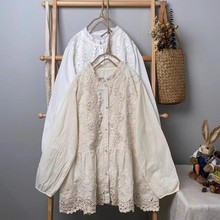 早秋新款日系小清新纯色立领衬衫森女减龄立体刺绣镂空花边娃娃衫
