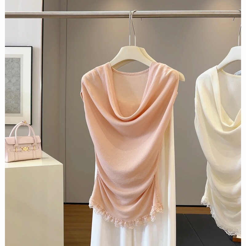 Pure Desire Style Sleeveless Knit Top for Women, New Summer Slim Fit Ruched Fashion Lace Patchwork Blouse