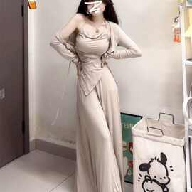 跨境外贸一件代发新款吊带开衫裤子套装小众慵懒休闲三件套女