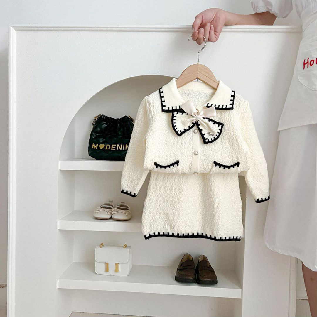 Bär 2024 höst/vinter ny liten flicka söt rosett halvkjol stickad doftande cardigan för barn_voghion.com