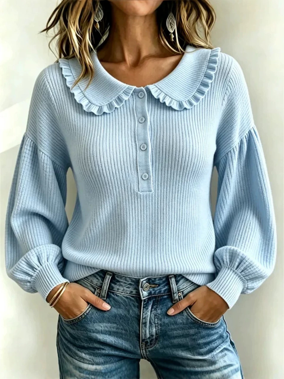 2026 European and American foreign trade autumn and winter new women's buttoned ruffle round-neck ribbed long-sleeve pullover T-shirt top