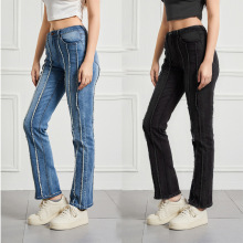 2025跨境女士牛仔裤修身中腰高弹力欧美长裤大码女装裤子毛边拼接