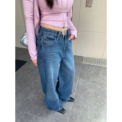 誉一新款2025秋季个性磨破口袋牛仔裤女复古休闲阔腿长裤女hc1324
