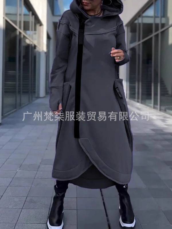 2025秋冬欧美跨境亚马逊百搭纯色长袖卫衣连帽拉链休闲长款连衣裙|undefined
