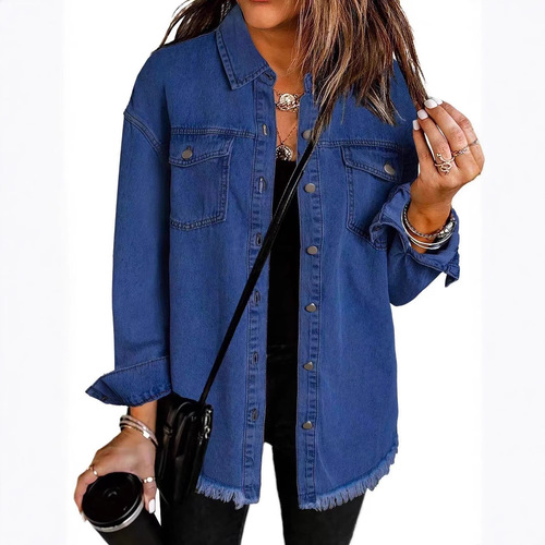 2025 European and American Cross-border Sales Amazon New Raw Edge Shirt Denim Casual Loose Jacket Shirt