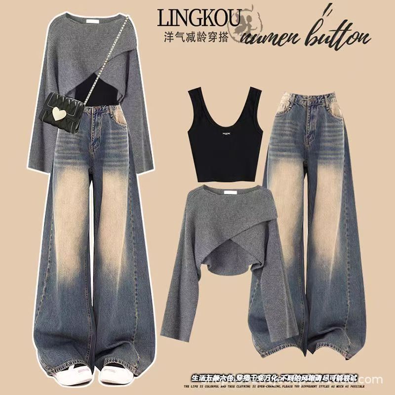 Plus Size Autum Professional Suit Women's Camisole Loose Knitted Sweater with High Waist Slim Jeans Three-Piece Set