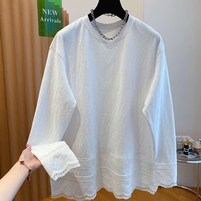 Plus Size Round Neck Long Sleeve T-Shirt with Loose Fit and Brushed Lace Splicing Base Shirt Versatile Plus Size Round Neck Long Sleeve T-Shirt with Loose Fit and Brushed Lace Splicing Base Shirt Versatile