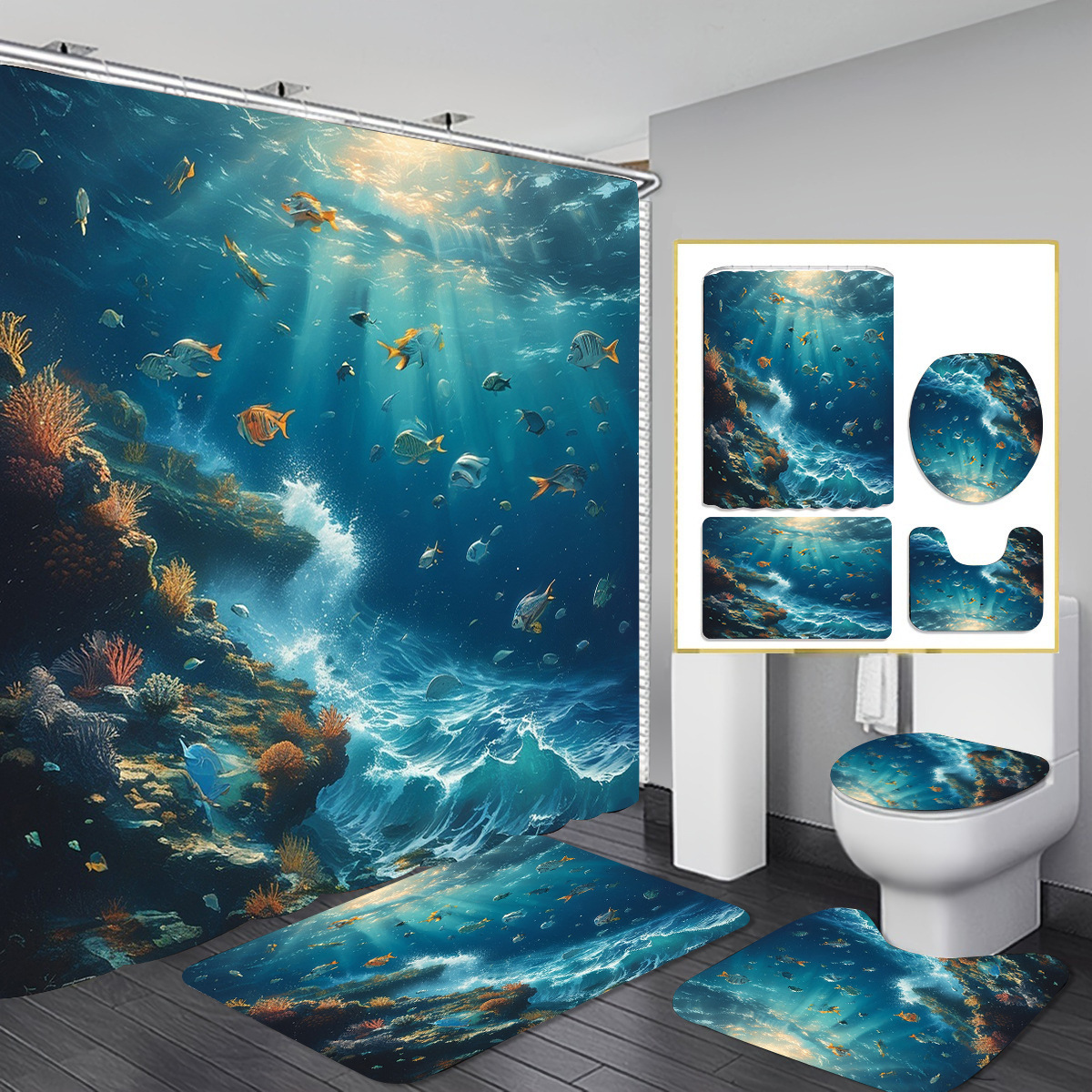 Fuente de fabricantes de cortina de baño transfronteriza de Navidad cuatro piezas cortina de partición de impresión digital vestido de baño