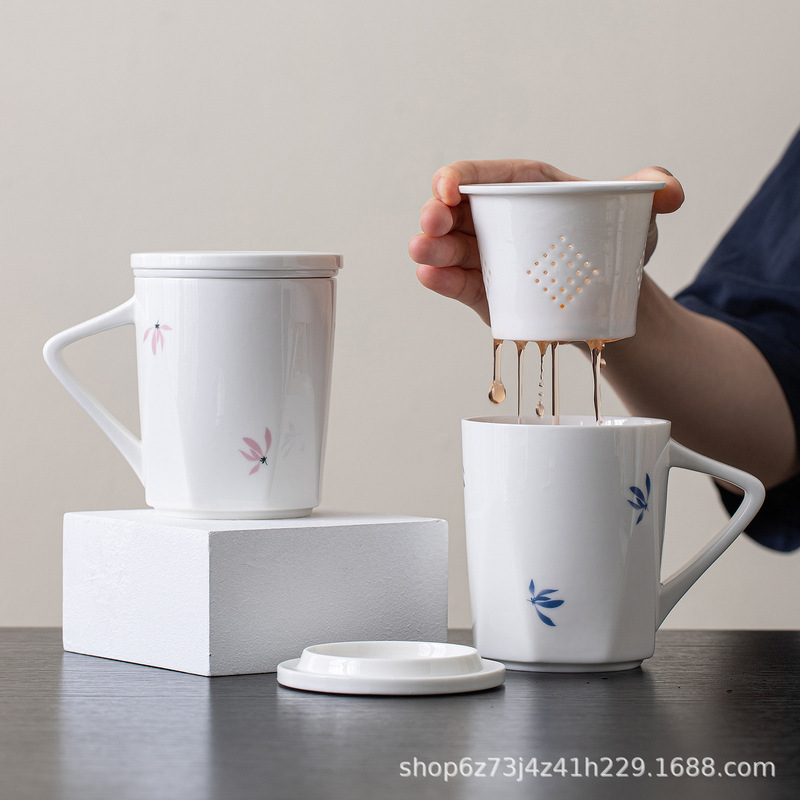 青花蝴蝶兰陶瓷茶水分离杯简约个人专用带盖过滤家用办公室泡茶杯|undefined
