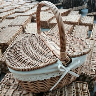 Wicker, Bamboo and Rattan Hand-Held Flower Basket with Lid, Large Outdoor Picnic Basket, Shopping Basket, Vegetable Basket, Picking Storage Basket