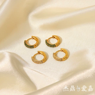 INS欧美新款白色/绿色锆石耳环18K金不锈钢耳圈时尚风耳饰耳环女