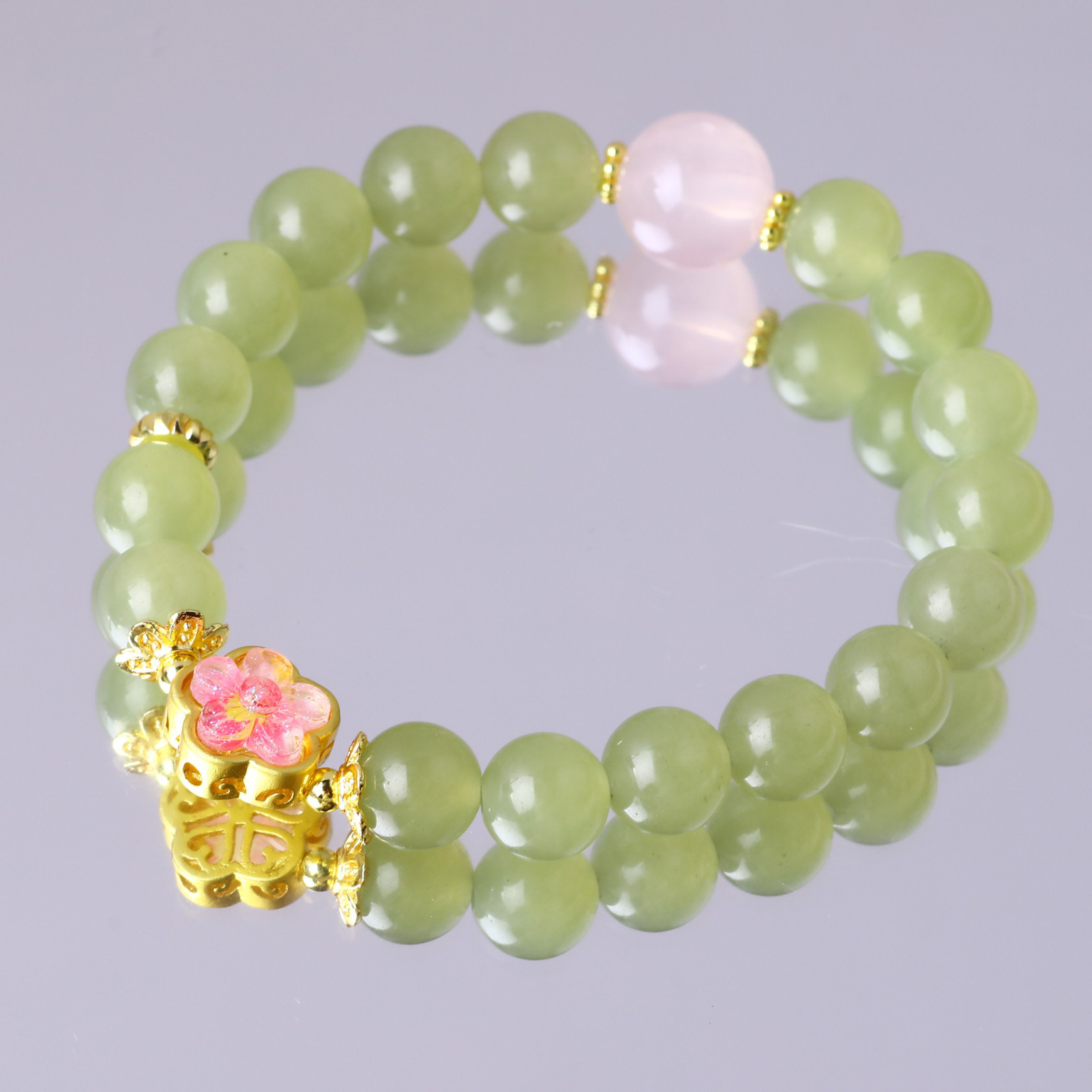 Cuentas de cristal de jade verde 8mm un anillo de polvo de brazalete de cristal con pulsera de flores de melocotón suave brillante regalo de amiga