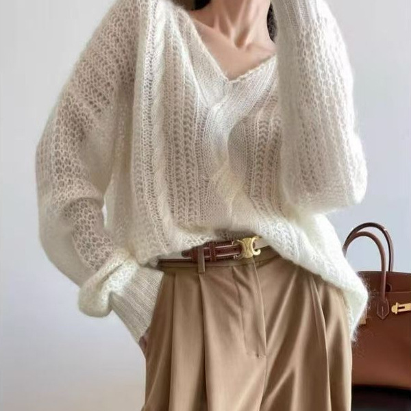 French-Style V-Neck Mohair Cable Knit Sweater for Women, 2026 Autumn Thin Hollow-Out Knitwear French-Style V-Neck Mohair Cable Knit Sweater for Women, 2026 Autumn Thin Hollow-Out Knitwear
