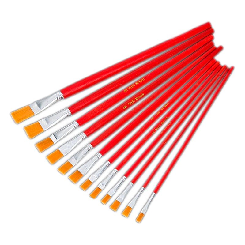 Red Rod Nylon Hair Flat Head Gourmet Chalk Children's Oil Brush Set Watercolor Acrylic Oil Brush Wooden Art Tools