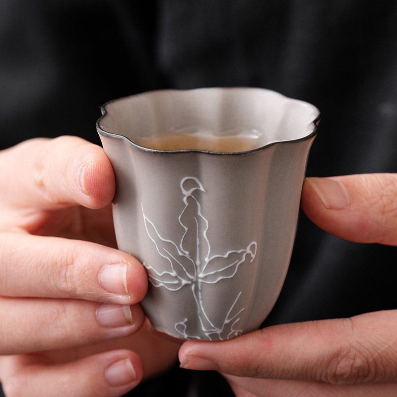 竹叶手绘花瓣杯陶瓷茶杯品茗杯功夫茶具主人杯小茶盏泡茶喝茶杯子