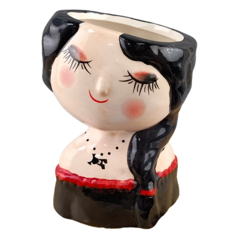Nórdico ins estilo chica cerámica cabeza creativa muñeca flor olla pequeña niña dibujos animados muñeca chica suculenta flor olla