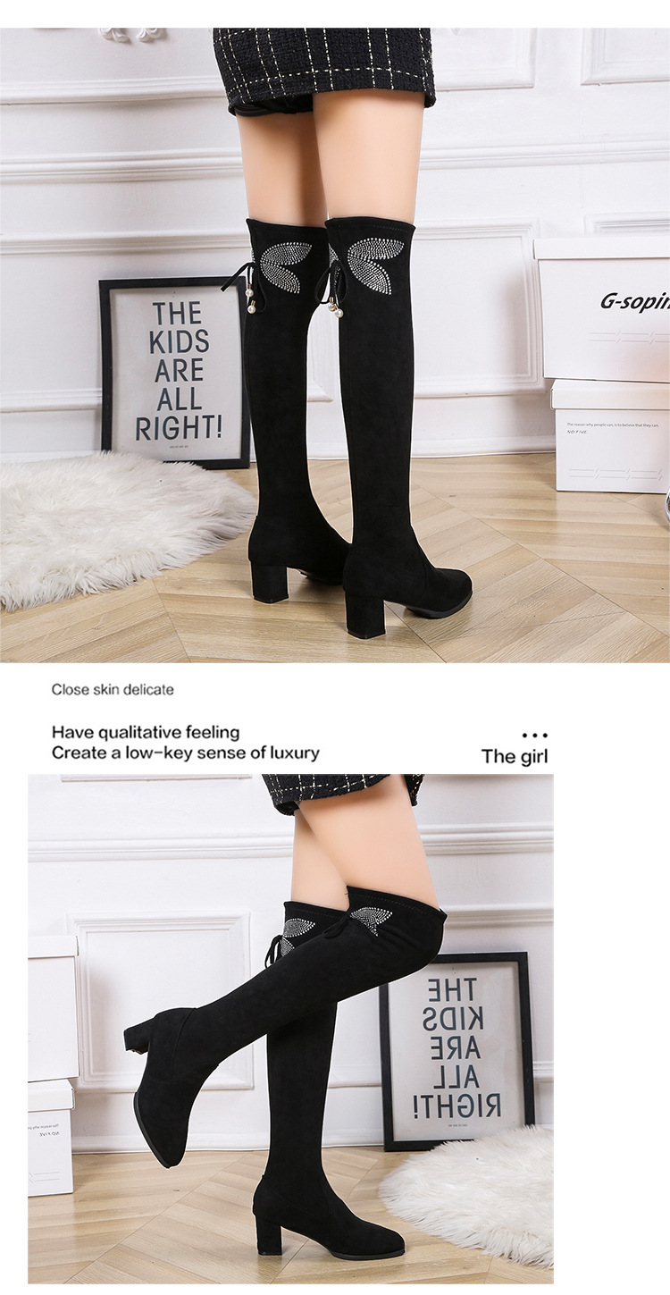 Autumn and winter new chunky heel rhinester bow thigh-high boots slim plus size elastic boots_voghion.com