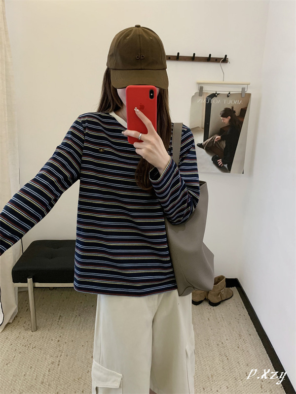 020秋季2025新款慵懒风条纹小标上衣中长款条纹长袖打底衫女士T恤|undefined
