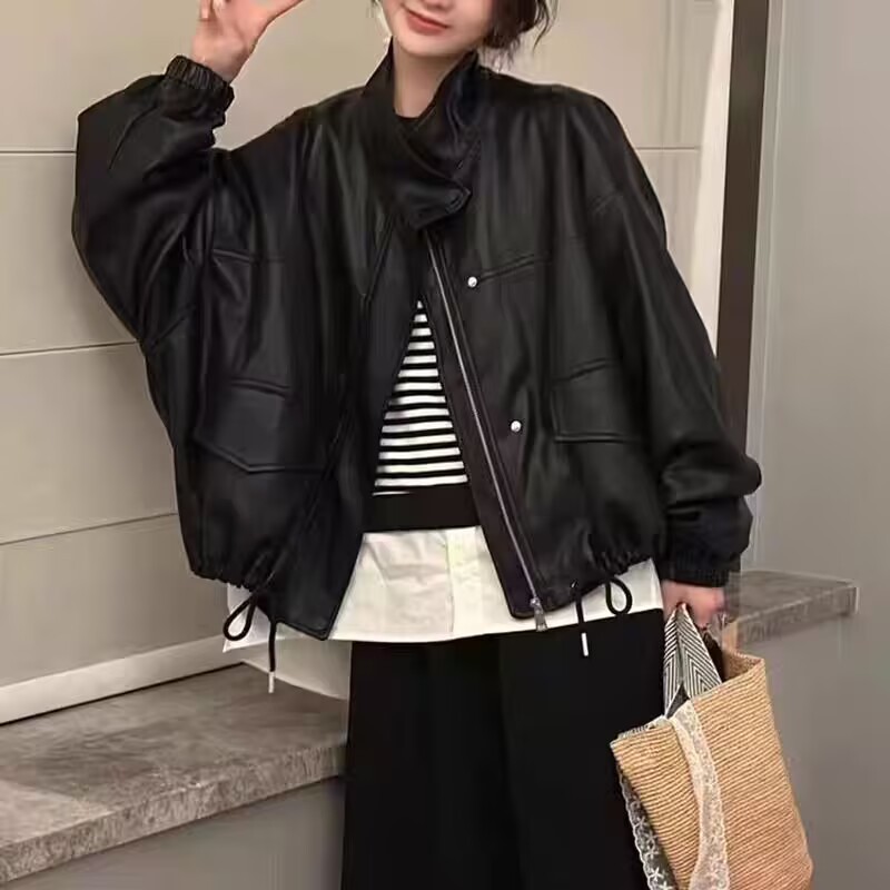 High-End American Street Style Retro Leather Jacket for Women Petite 25 Autumn New Fashion Age-Reducing Pu Leather Jacket Top