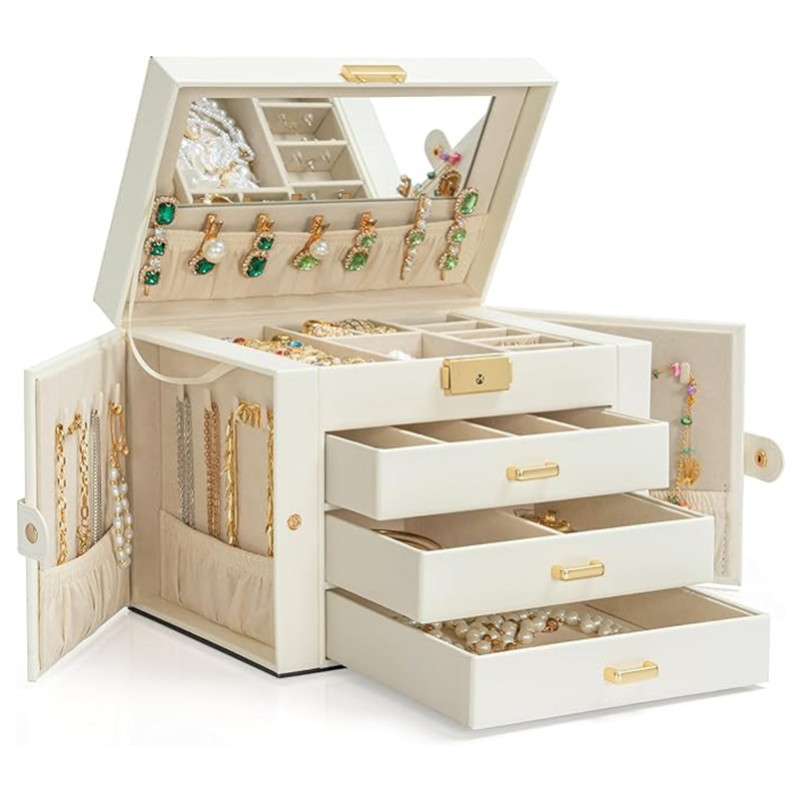 Cuatro capas de lujo de gran capacidad con espejo caja de joyería caja de almacenamiento de joyería pendientes tipo cajón collar caja de joyería