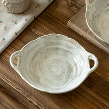 做旧感手绘陶瓷双耳碗复古餐具粗陶碗批发家用手提碗餐厅面碗菜碗