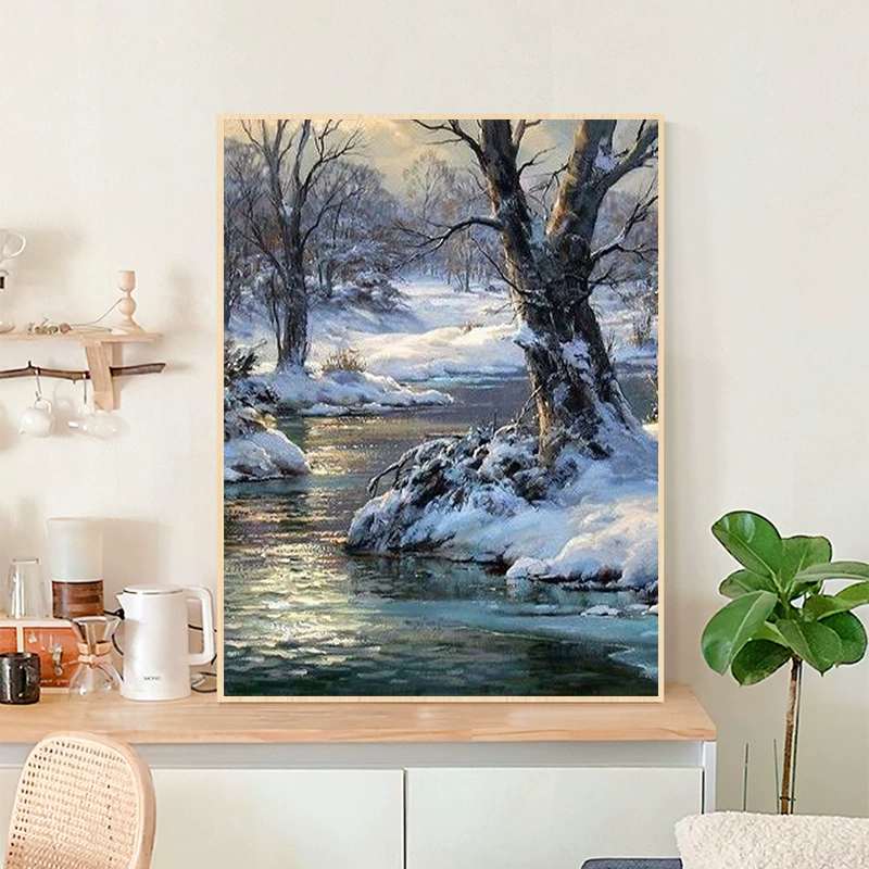 Foreign trade landscape digital oil painting DIY hand-filled forest art snow scene hanging painting factory wholesale without inner frame
