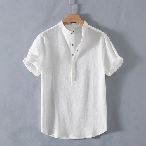Slim Fit Breathable Linen Men's Short-Sleeve High-End Chinese Stand Collar Top Summer Cotton-Linen T-Shirt Men's Polo Shirt