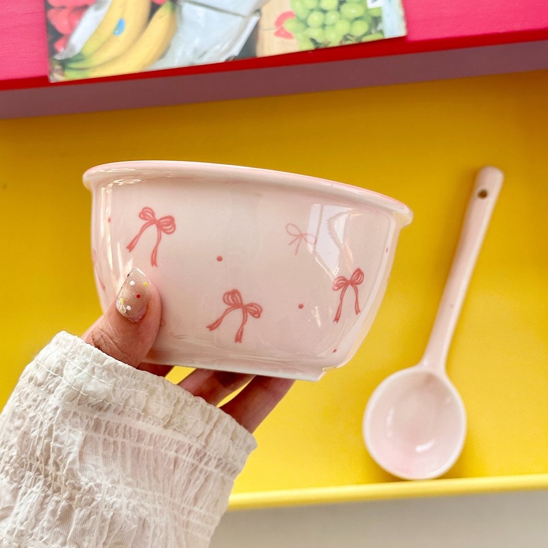 Ins系ご飯碗蝶結び陶磁器碗釉薬下彩家庭用ピンク少女心飯碗甜品碗可マイクロ波|undefined