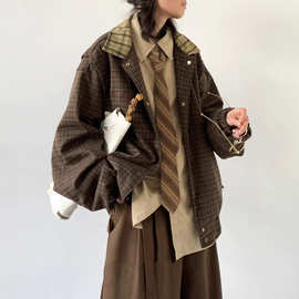秋冬新款日系复古格子外套男学院风拼接刺绣休闲宽松潮牌夹克外套