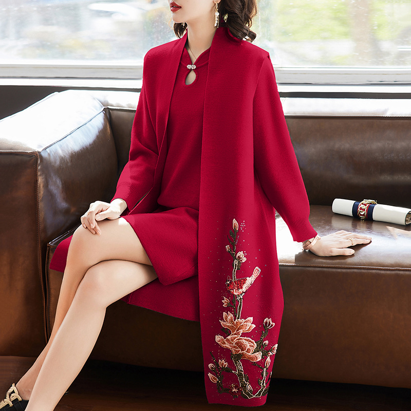 中年妈妈秋冬外套中长款阔太太两件套装中老年女旗袍连衣裙婚礼服