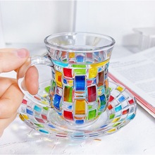 彩色手绘编制咖啡杯马克杯带把手水杯子茶杯家用高颜值带杯垫套装