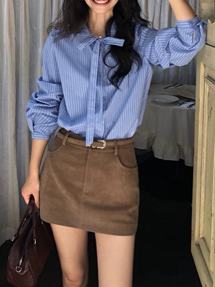 转角街头 蓝色蝴蝶结绑带条纹衬衫女长袖衬衣气质上衣|undefined
