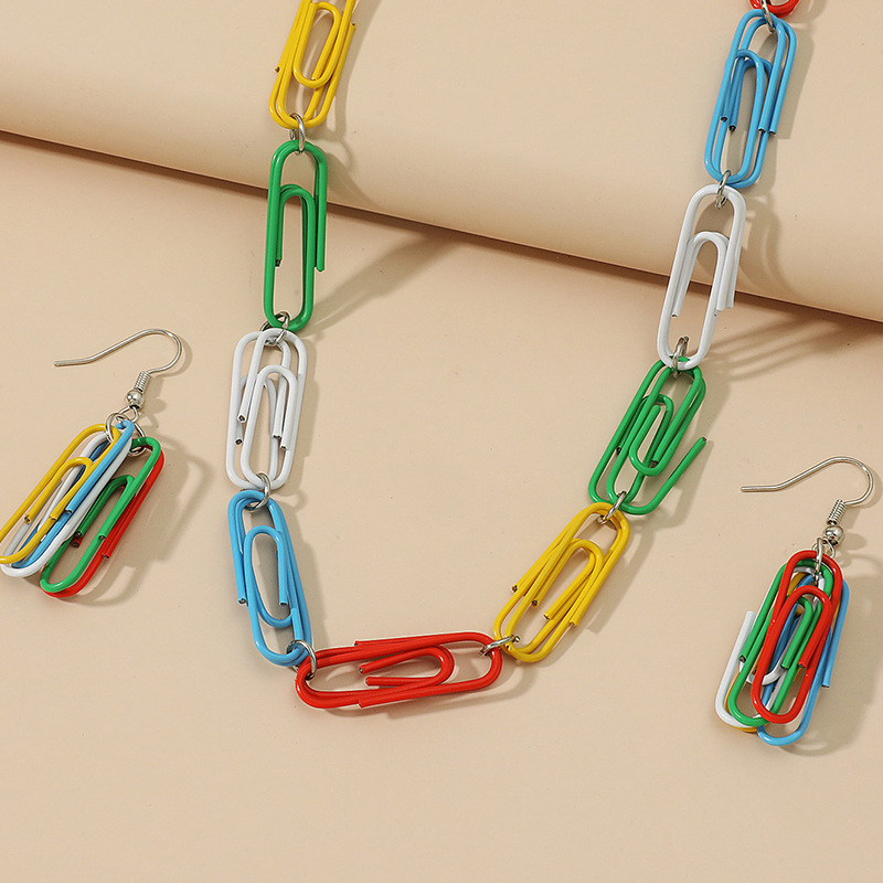 Paint Color Paper Clip Earrings Chain Necklace Set Wholesale Jewelry Nihaojewelry display picture 4