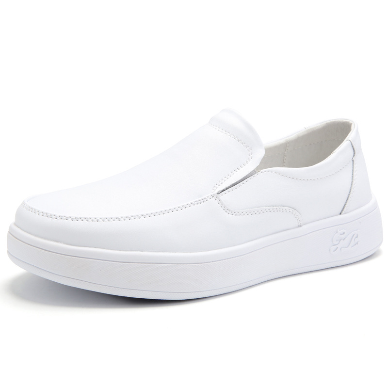 Zapatos de enfermera desodorante plano de los hombres slip-on punta redonda trabajo médico zapatos de fondo suave transpirable casual cuero blanco zapatos mediados de talón