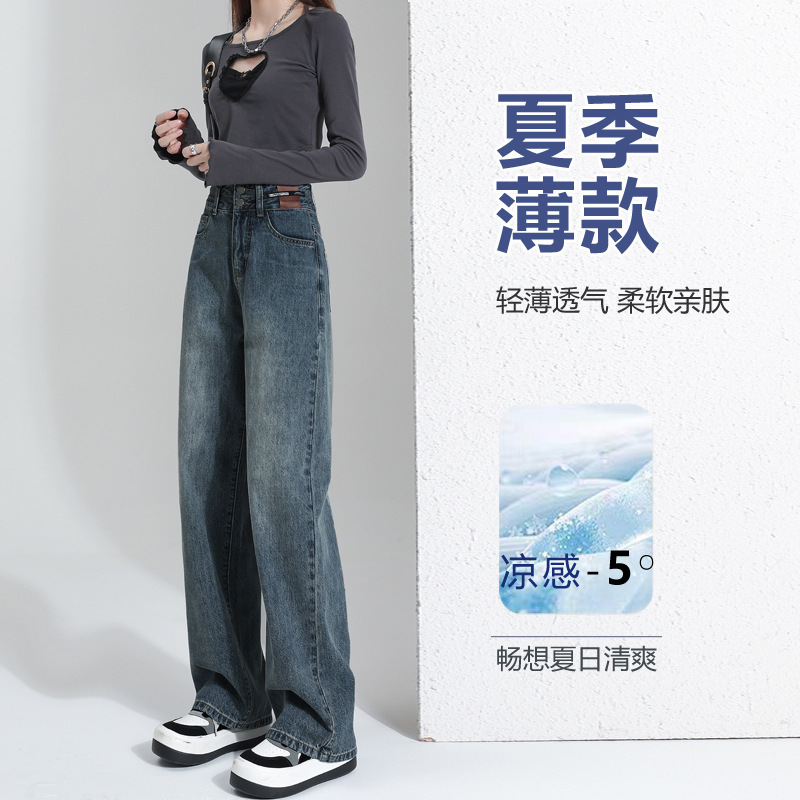 Straight High Waist Wide Leg Jeans Women's Spring and Summer Thin 2025 New Style Small Retro Narrow Slimming Straight Leg Pants