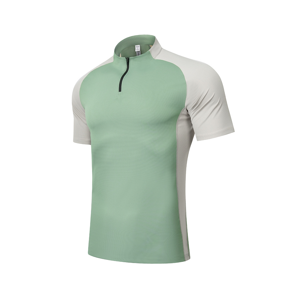 Camiseta deportiva de secado rápido al aire libre de verano para hombres con cuello vertical y medio cremallera, trajes de gimnasio para hombres sueltos, entrenamiento de correr de manga corta