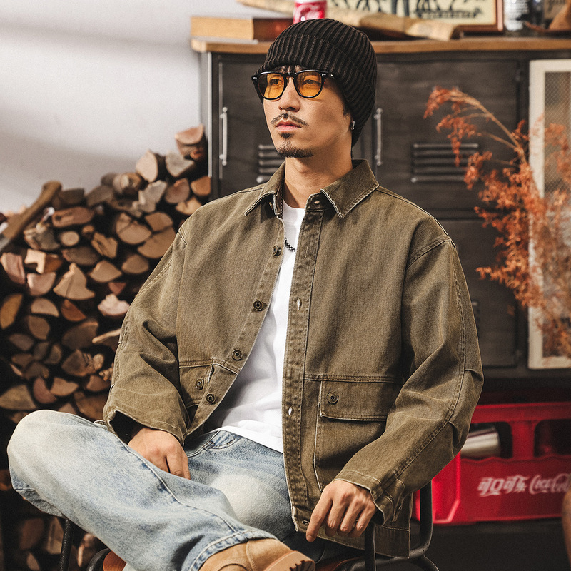American-Style Heavy Vintage Workwear Jacket for Men, Autumn and Spring, Cool and Stylish, Loose Fit, Distressed Wash, Faux Denim Jacket for Men, Spring Season