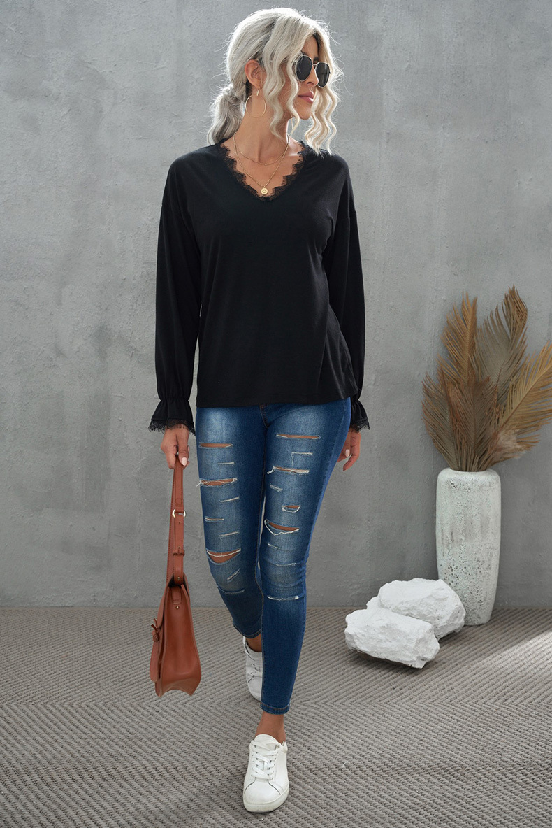 solid color lace V-neck long-sleeved T-shirt nihaostyles wholesale clothing NSQSY87473
